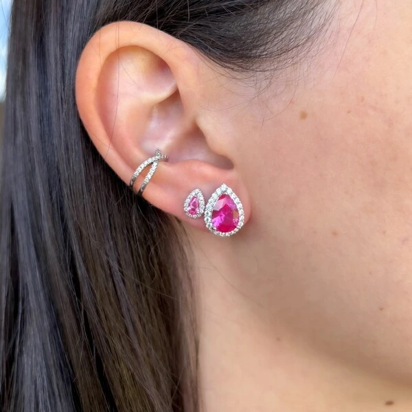 Brinco gota Betina zircônias turmalina pink prata 925