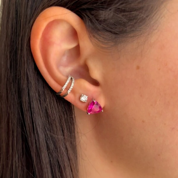 Brinco trillion zircônia turmalina pink prata 925 (8mm)