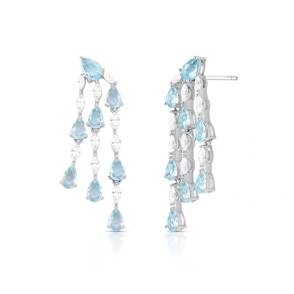 Brinco Esther gotas zircônias água marinha ródio branco