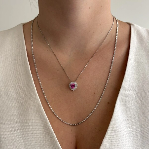 Colar Sally coração zircônia turmalina pink prata 925