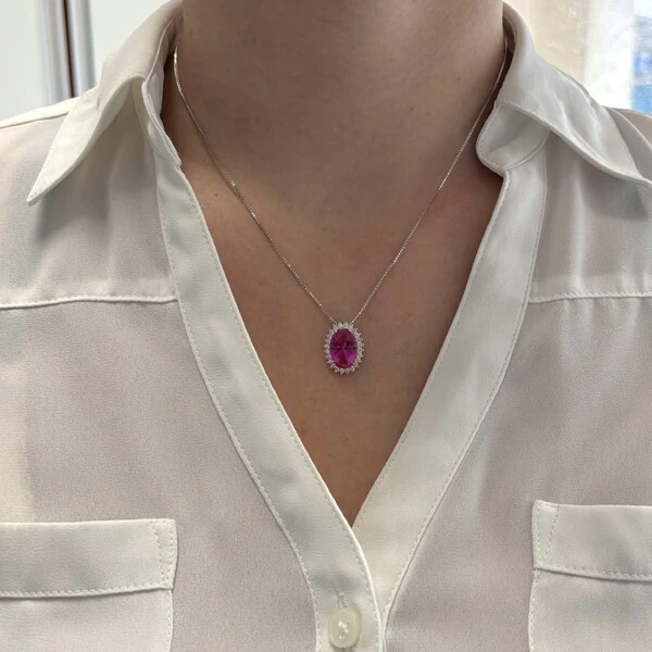 Colar oval Brenda zircônia turmalina pink ródio branco