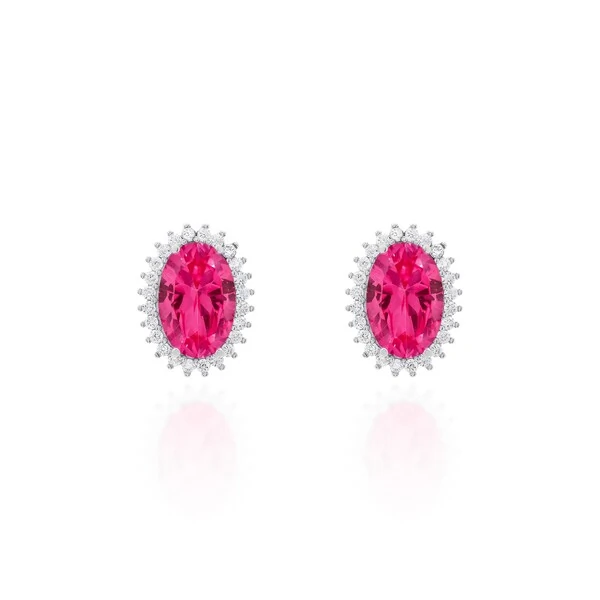 Brinco oval Brenda zircônia turmalina pink ródio branco