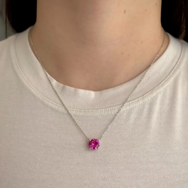 Colar redondo zircônia turmalina pink prata 925 (8mm)
