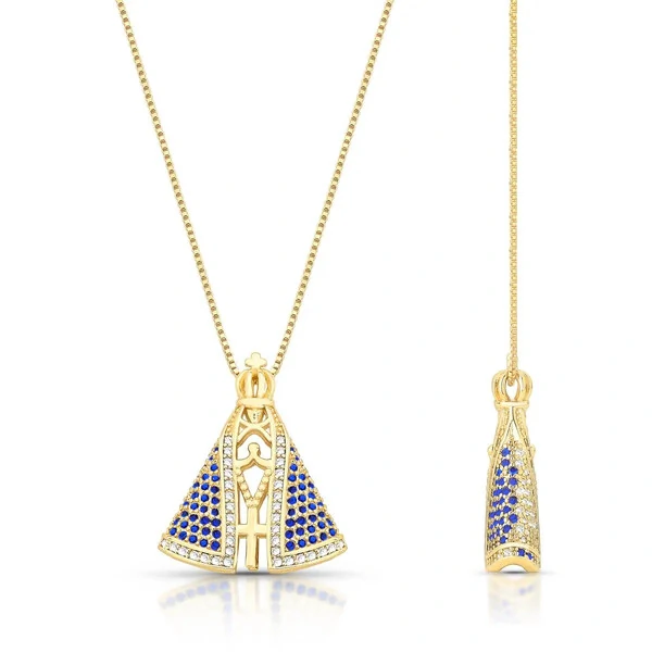 Colar com pingente dupla face Nossa Senhora Aparecida ouro
