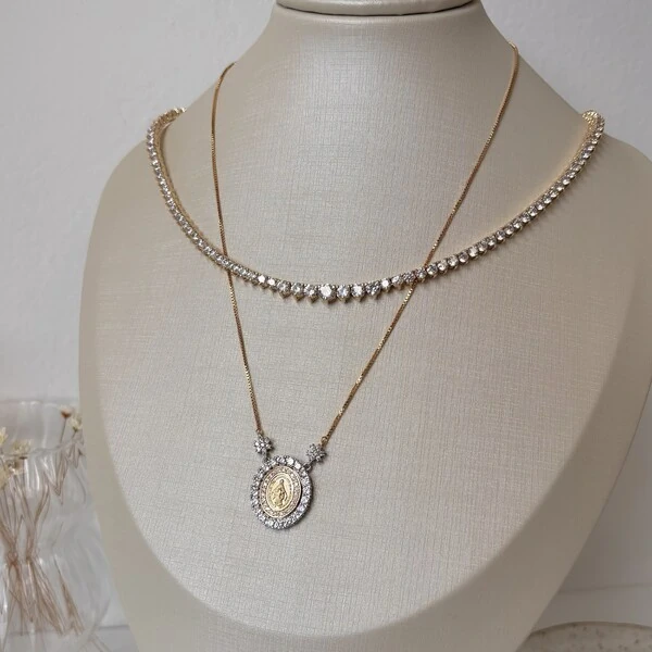 Colar medalha Nossa Senhora das Graças cravejado ouro/ródio branco