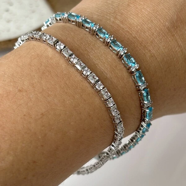 Pulseira riviera Laura zircônias água marinha ródio branco