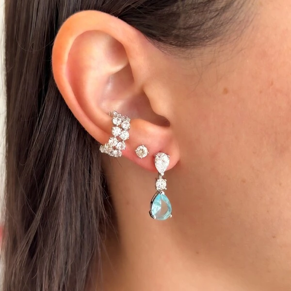 Brinco Alice gotas zircônia água marinha ródio branco