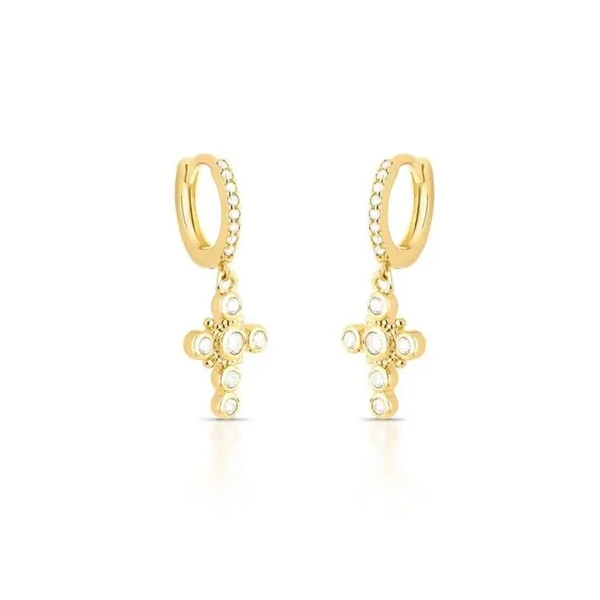 Brinco argolinha cruz com zircônias ouro