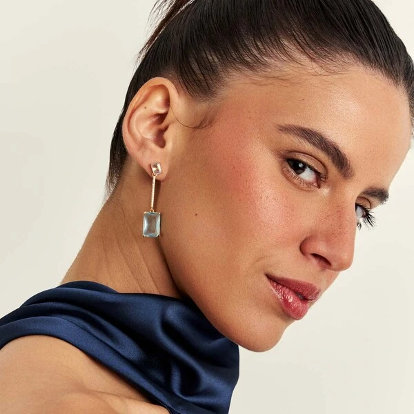 Brinco Amanda zircônias água marinha ouro