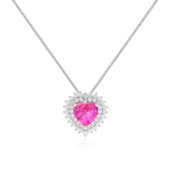 Colar coração cravejado zircônia turmalina pink prata 925