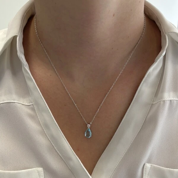 Colar Alice gota zircônia água marinha ródio branco