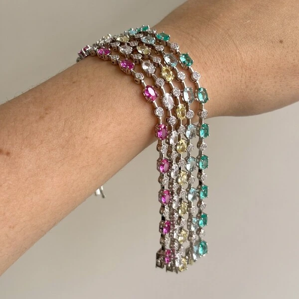 Pulseira riviera Anna zircônias água marinha ródio branco