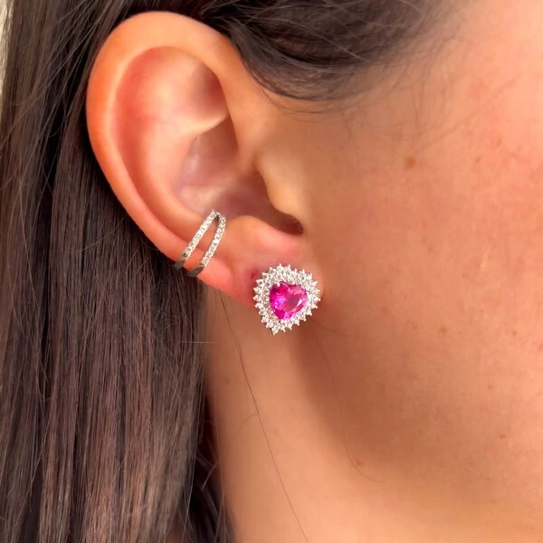 Brinco coração cravejado zircônias turmalina pink prata 925