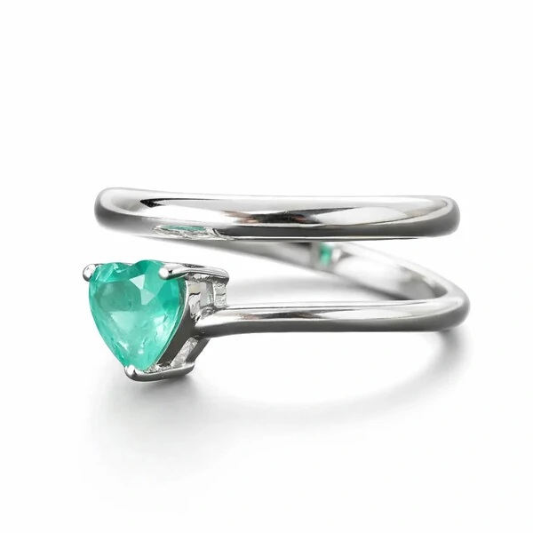 Anel duplo coração esmeralda colombiana prata 925