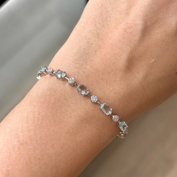 Pulseira riviera Anna zircônias água marinha ródio branco