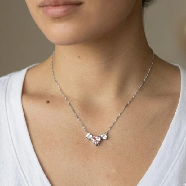 Colar corações zircônia kunzita ródio branco