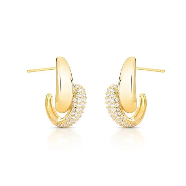 Brinco Aura meia argola lisa e cravejada ouro