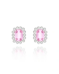 Brinco Ouro 18K com Safira Rosa e Brilhantes ao Redor