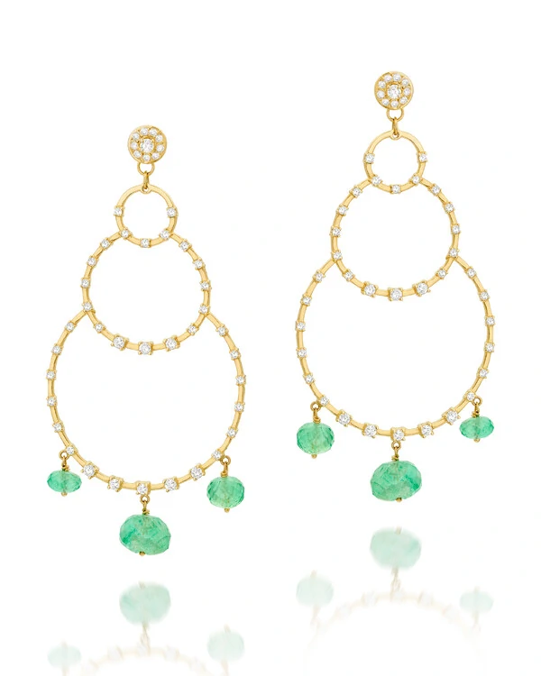 Brinco Chandelier Ouro Amarelo 18K, Esmeraldas e Diamantes