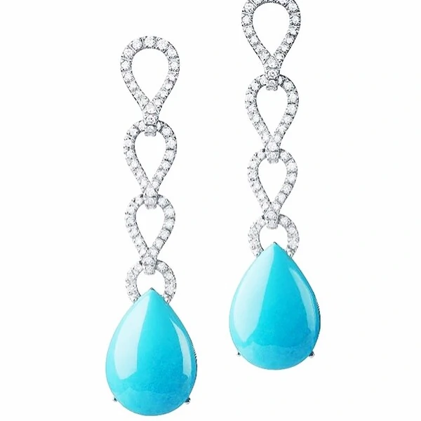 Brinco Ouro Branco 18K com Diamantes e Gota Turquesa