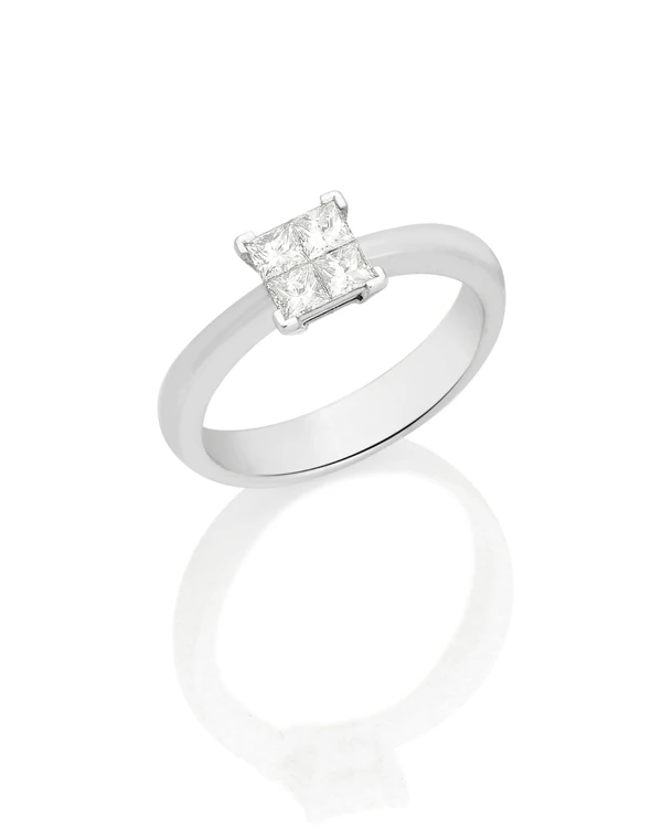 Anel Aliança Ouro 18k Com 4 Diamantes Princess Invisible