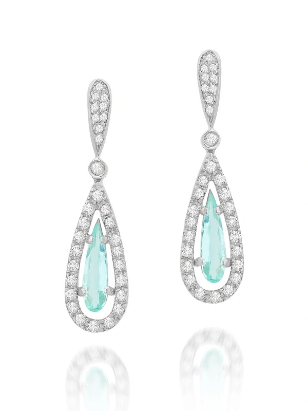 Brinco em Ouro Branco 18K com Brilhantes e Gota Turmalina Paraíba