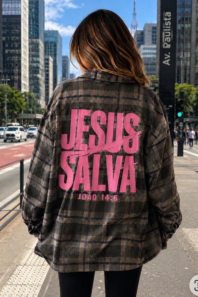 Foto Camisa Xadrez Jesus Salva Rosa Chiclete
