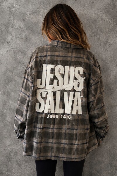 Foto Camisa Xadrez Jesus Salva OffWhite