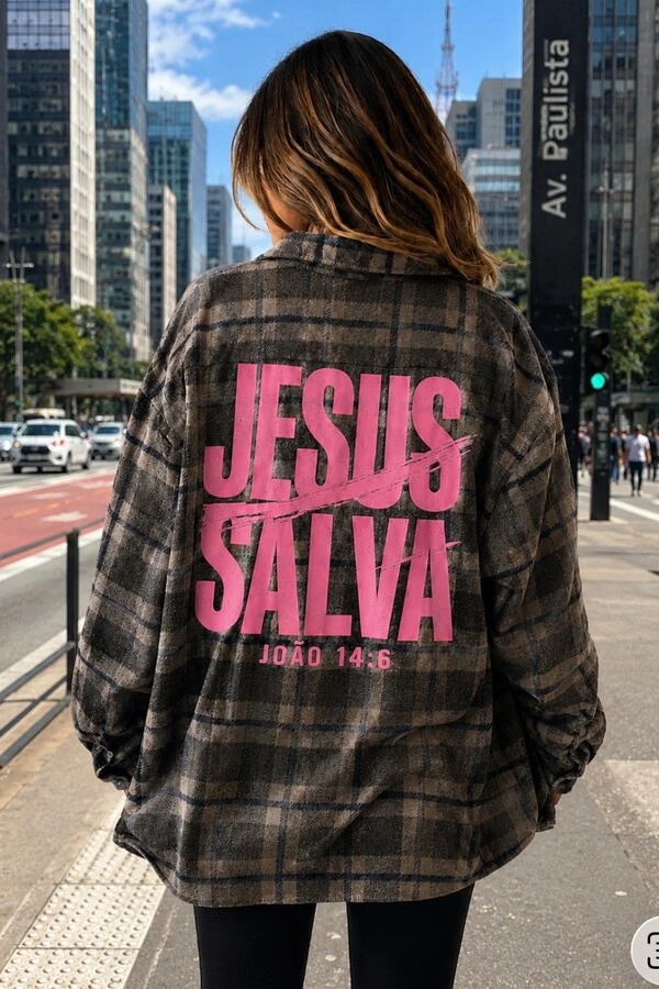 Camisa Xadrez Jesus Salva Rosa Chiclete