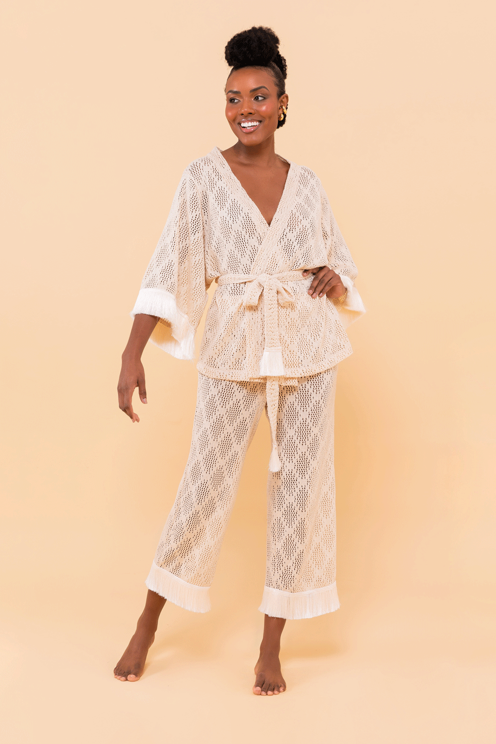 Conjunto Kimono + Calça Tricot Bege