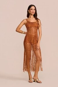 Vestido Midi Macramê Franjas Laranja Conhaque