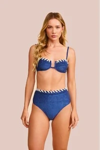 Top Biquíni Meia Taça Cristalina Veludo Azul Marinho