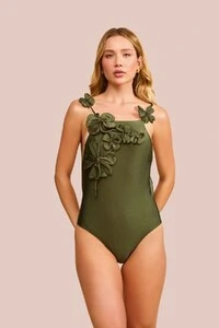 Maiô Frente Única Florido Aplicações Verde Musgo
