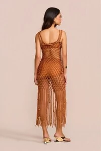 Vestido Midi Macramê Franjas Laranja Conhaque