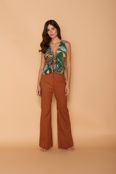 Foto Calça Linho Conhaque - Forro Liso