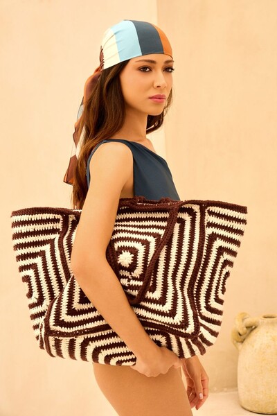 Foto Bolsa Shopping Bag Geométrica Crochê Marrom Cappucino & Off-White