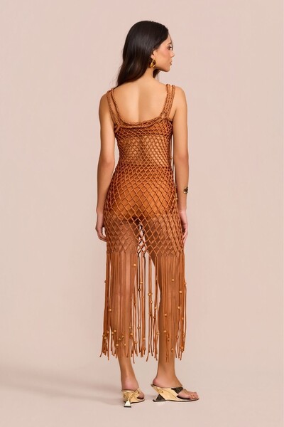FotoVestido Midi Macramê Franjas Laranja Conhaque
