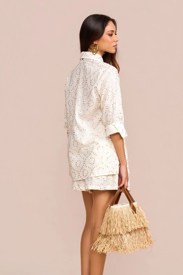 Camisa Manga Longa Arabesco Paetês Off-White