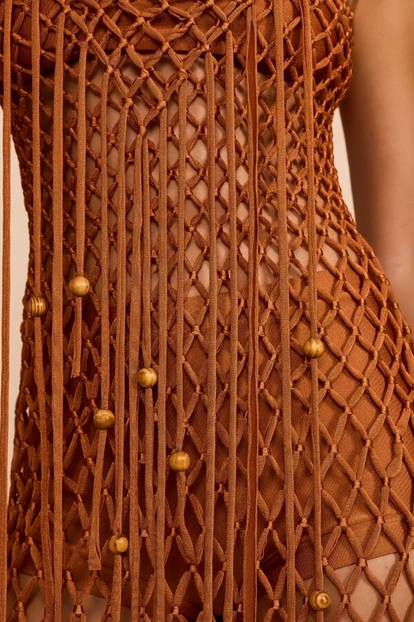 Vestido Midi Macramê Franjas Laranja Conhaque