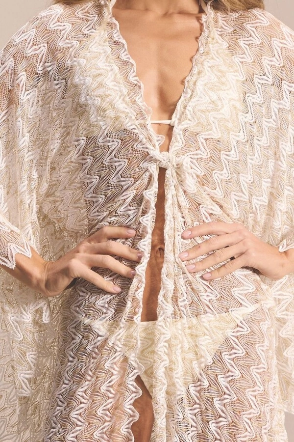 Saída Kaftan de Renda Longa Julie Off-white & Dourado