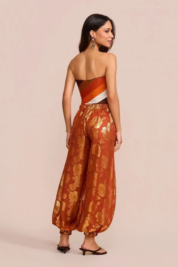 Calça Longa Aladim Lurex Laranja Terracota