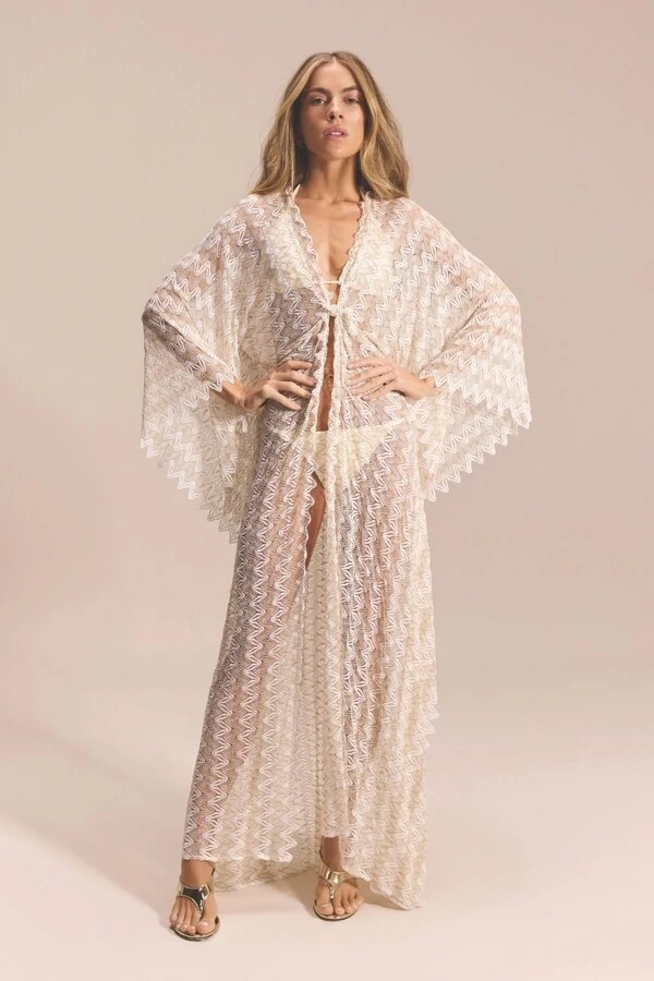 Saída Kaftan de Renda Longa Julie Off-white & Dourado
