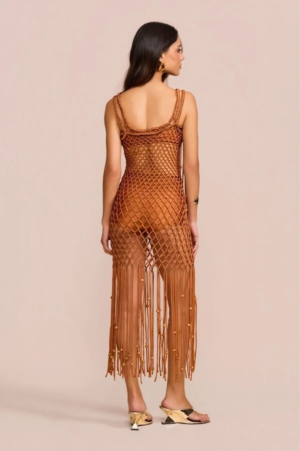 Vestido Midi Macramê Franjas Laranja Conhaque