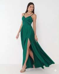 Vestido Simaria Alça Fina Busto Estruturado Longo Fenda