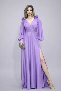 Vestido Amanda Flor Manga Longa Fenda