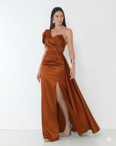 Foto Vestido Livia Em New Span OMbro Assimétrico Longo Fenda