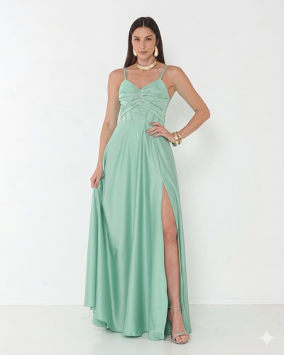 Foto Vestido Simaria Alça Fina Busto Estruturado Longo Fenda