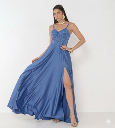 Foto Vestido Simaria Alça Fina Busto Estruturado Longo Fenda