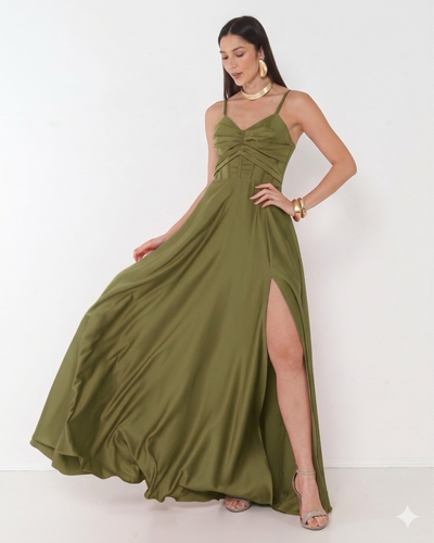 Foto Vestido Simaria Alça Fina Busto Estruturado Longo Fenda