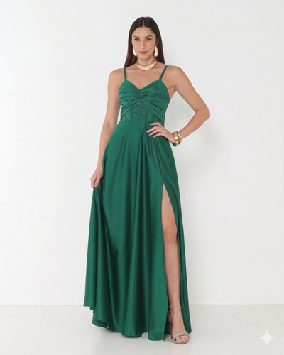 FotoVestido Simaria Alça Fina Busto Estruturado Longo Fenda